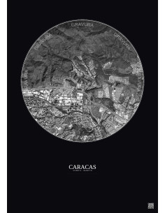 Affiche Caracas – Poster vue satellite 2.5km N&B | Gravura – Fond foncé
