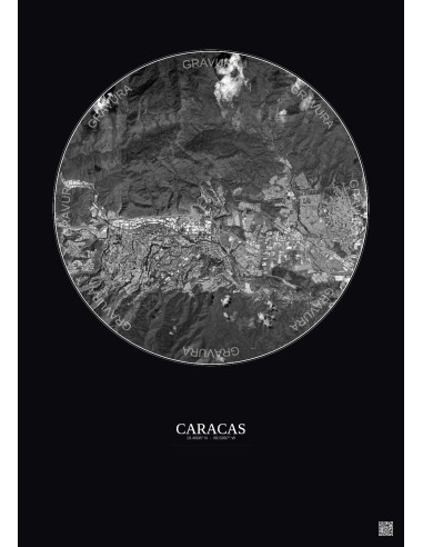 Affiche Caracas – Poster vue satellite 6km N&B | Gravura – Fond foncé