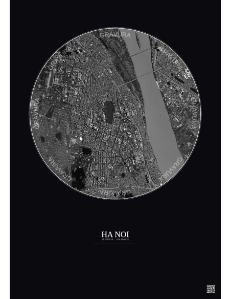 Ha Noi Satellite View Poster 2.5km B&W | Gravura – Dark background
