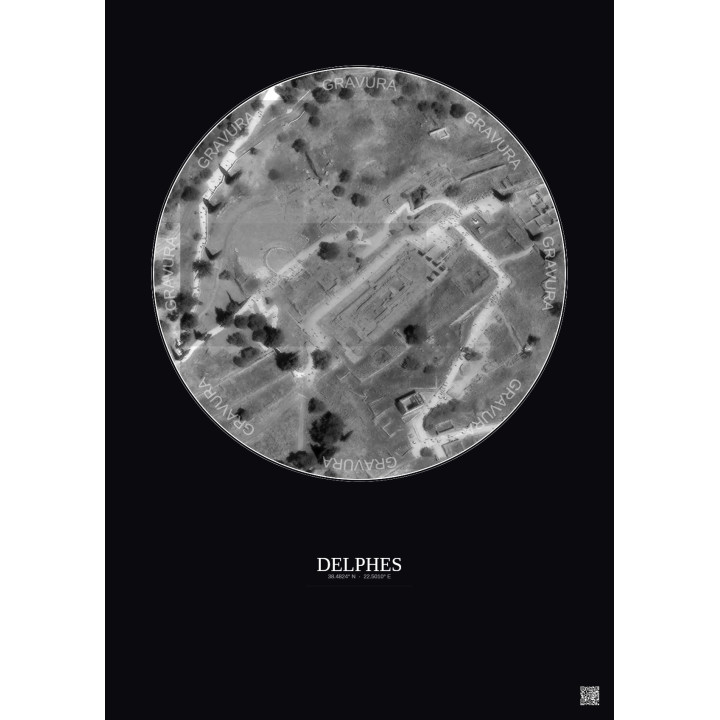 Affiche Delphes – Poster vue satellite 0.1km N&B | Gravura – Fond foncé