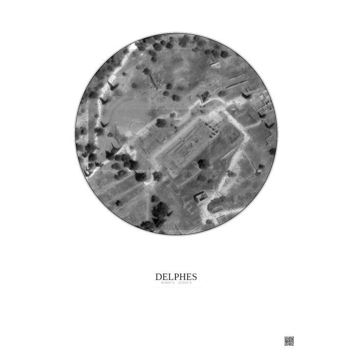 Affiche Delphes – Poster vue satellite 0.1km N&B | Gravura – Fond clair