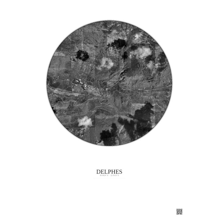 Affiche Delphes – Poster vue satellite 2.5km N&B | Gravura – Fond clair
