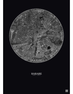 Harare Satellite View Poster 6km B&W | Gravura – Dark background