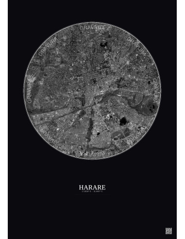 Affiche Harare – Poster vue satellite 6km N&B | Gravura – Fond foncé