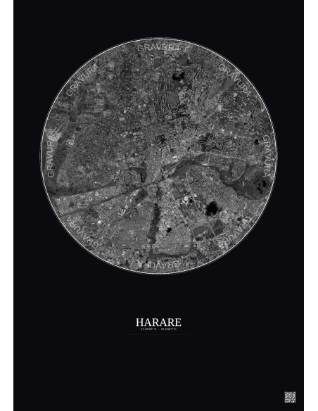Affiche Harare – Poster vue satellite 6km N&B | Gravura – Fond foncé