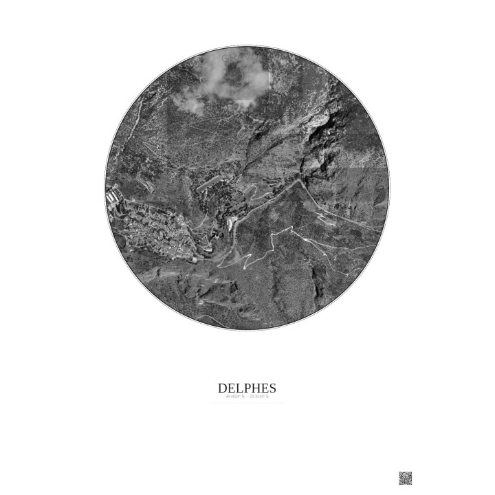 Affiche Delphes – Poster vue satellite 1km N&B | Gravura – Fond clair