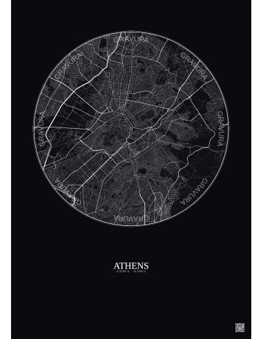 Affiche Athens – Poster carte de ville 6km | Gravura – Fond foncé