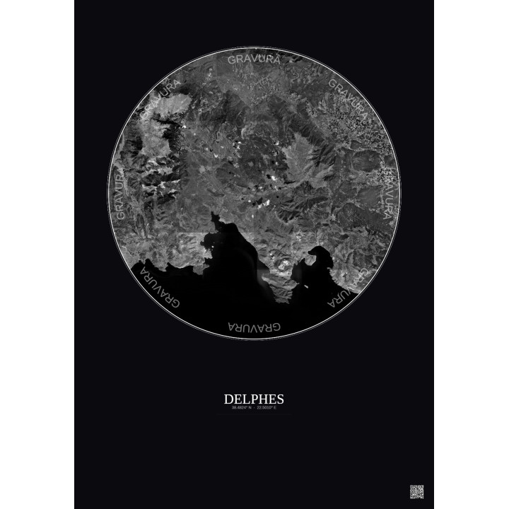 Delphes Satellite View Poster 30km B&W | Gravura – Dark background