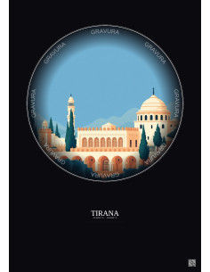 Tirana Vintage Travel Poster – Et Hem Bey Mosque | Gravura – Dark background