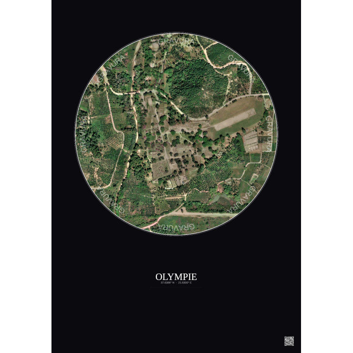 Affiche Olympie – Poster vue satellite 0.5km Couleur | Gravura – Fond foncé