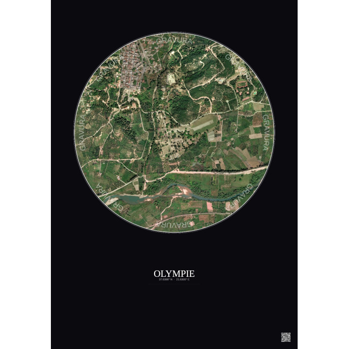 Affiche Olympie – Poster vue satellite 1km Couleur | Gravura – Fond foncé