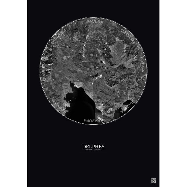 Affiche Delphes – Poster vue satellite 20km N&B | Gravura – Fond foncé