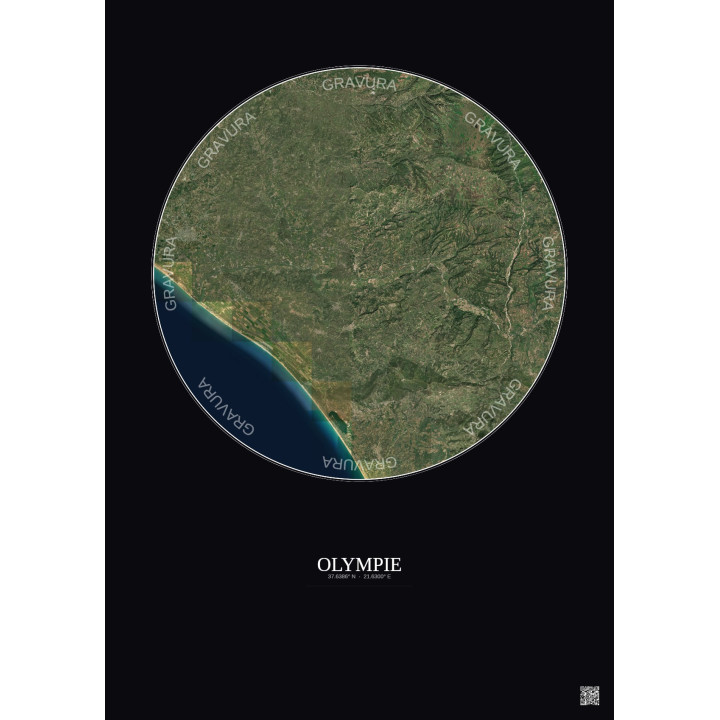 Affiche Olympie – Poster vue satellite 20km Couleur | Gravura – Fond foncé