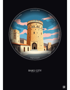 Baku City Vintage Travel Poster – Historic Old Town Of Baku City | Gravura – Dark background