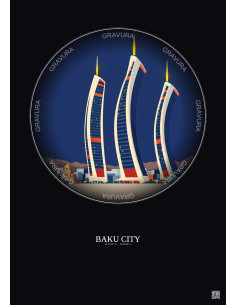 Baku City Vintage Travel Poster – Most Iconic Landmark Of Baku City | Gravura – Dark background
