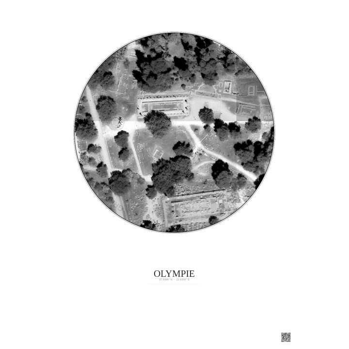 Affiche Olympie – Poster vue satellite 0.1km N&B | Gravura – Fond clair