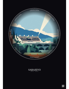 Sarajevo Vintage Travel Poster – Stadion Grbavica | Gravura – Dark background