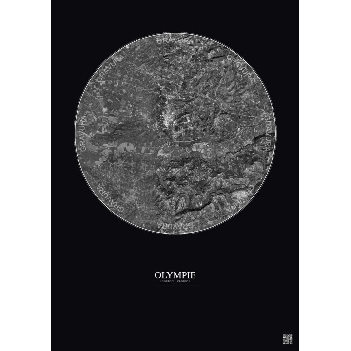 Affiche Olympie – Poster vue satellite 5km N&B | Gravura – Fond foncé