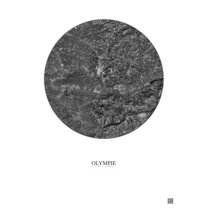 Affiche Olympie – Poster vue satellite 5km N&B | Gravura – Fond clair