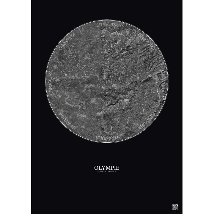Affiche Olympie – Poster vue satellite 10km N&B | Gravura – Fond foncé