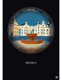 Brussels Vintage Travel Poster – Manneken Pis | Gravura – Dark background