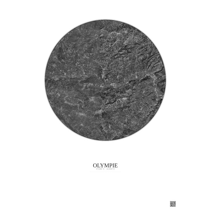 Affiche Olympie – Poster vue satellite 10km N&B | Gravura – Fond clair