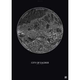 Affiche City Of Zagreb – Poster vue satellite 10km N&B | Gravura – Fond foncé