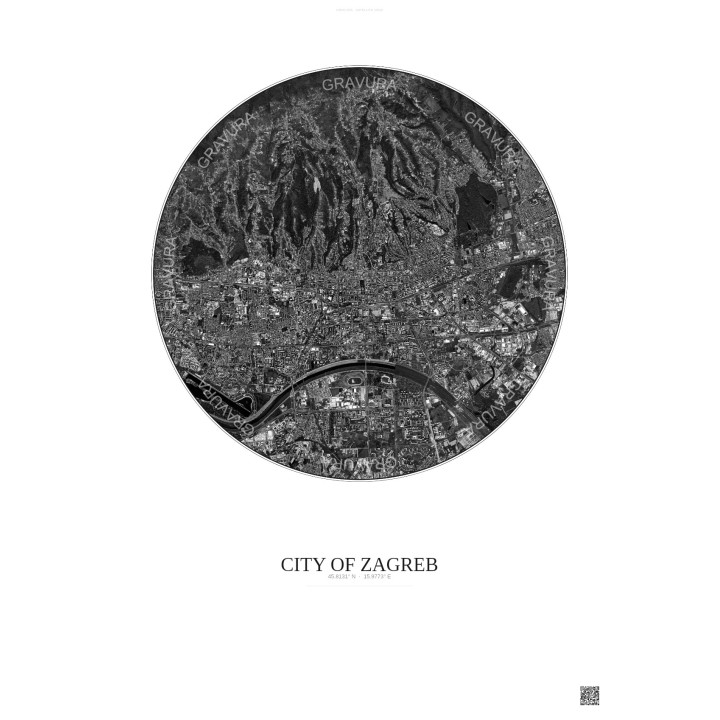City Of Zagreb Satellite View Poster 6km B&W | Gravura – Light background