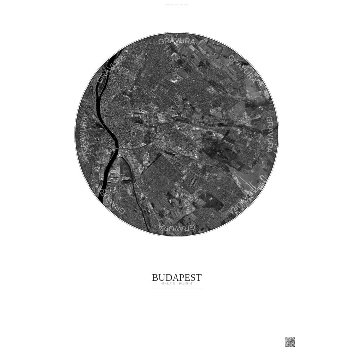 Budapest Satellite View Poster 10km B&W | Gravura – Light background