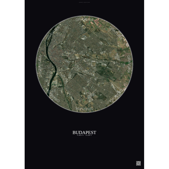 Affiche Budapest – Poster vue satellite 10km Couleur | Gravura – Fond foncé