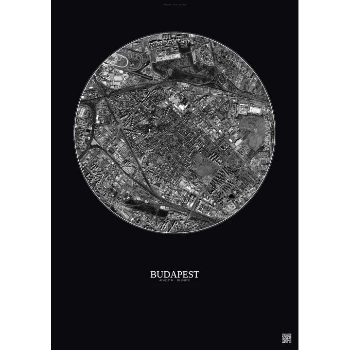 Budapest Satellite View Poster 2.5km B&W | Gravura – Dark background