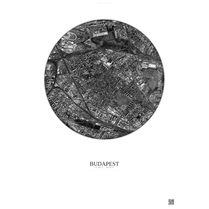 Affiche Budapest – Poster vue satellite 2.5km N&B | Gravura – Fond clair