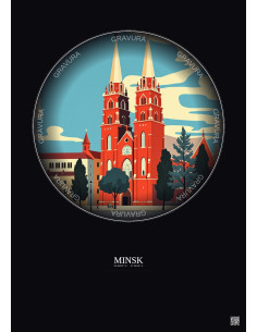 Affiche Minsk – Poster illustration vintage – Church Of Saints Simon And Helena | Gravura – Fond foncé
