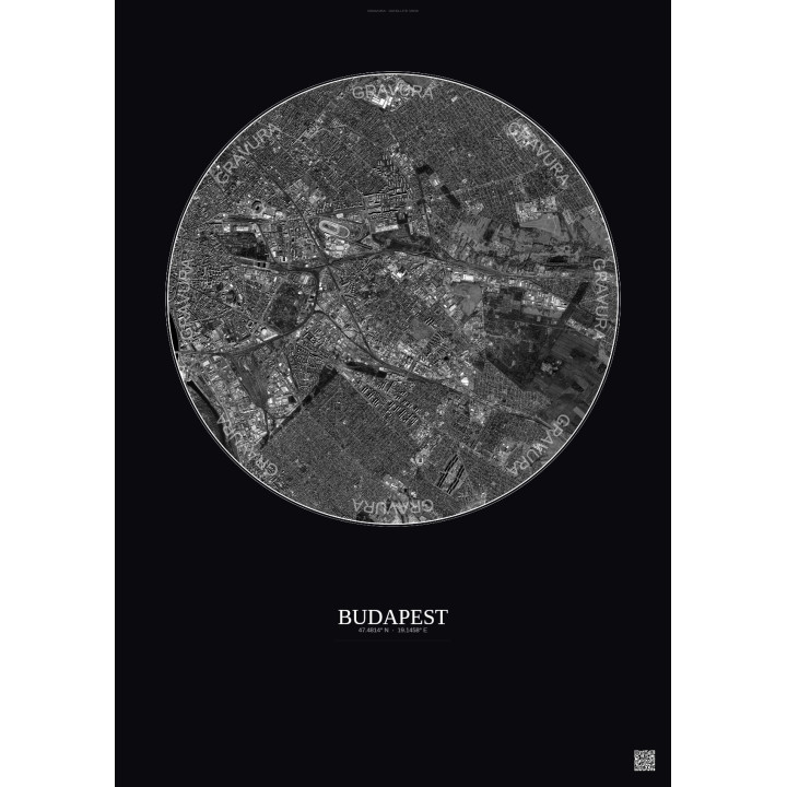 Affiche Budapest – Poster vue satellite 6km N&B | Gravura – Fond foncé