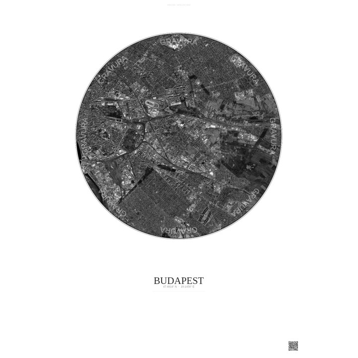 Affiche Budapest – Poster vue satellite 6km N&B | Gravura – Fond clair