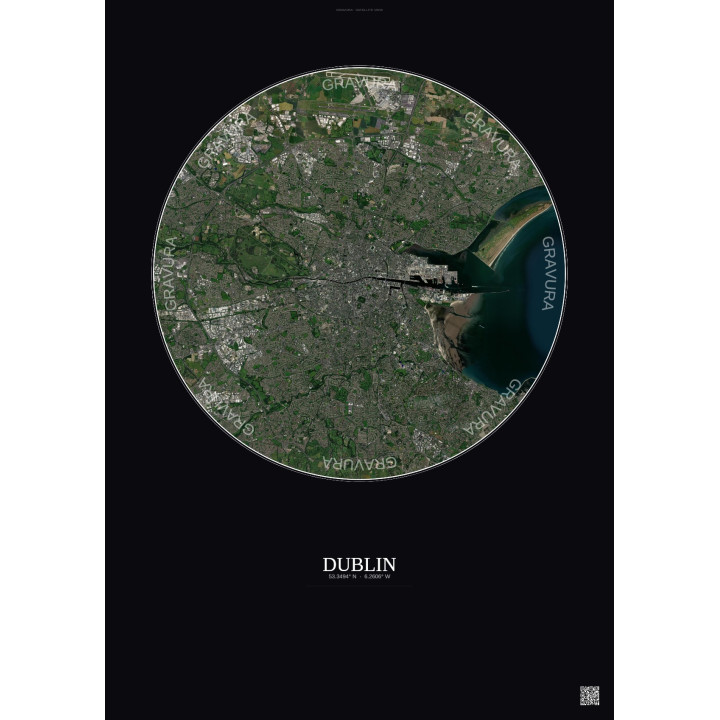 Affiche Dublin – Poster vue satellite 10km Couleur | Gravura – Fond foncé