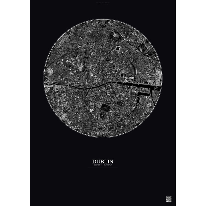 Affiche Dublin – Poster vue satellite 2.5km N&B | Gravura – Fond foncé