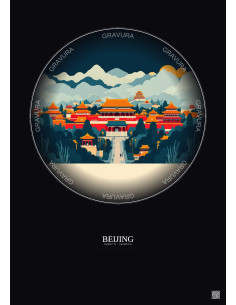 Affiche Beijing – Poster illustration vintage – Historic Old Town Of Beijing | Gravura – Fond foncé