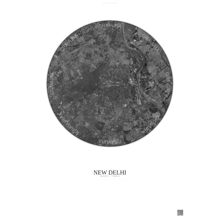 Affiche New Delhi – Poster vue satellite 10km N&B | Gravura – Fond clair