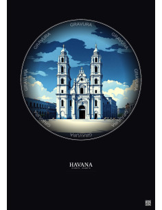 Affiche Havana – Poster illustration vintage – Havana Cathedral | Gravura – Fond foncé