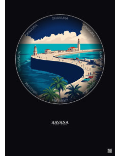 Affiche Havana – Poster illustration vintage – Malecon | Gravura – Fond foncé