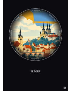 Affiche Prague – Poster illustration vintage – Historic Old Town Of Prague | Gravura – Fond foncé