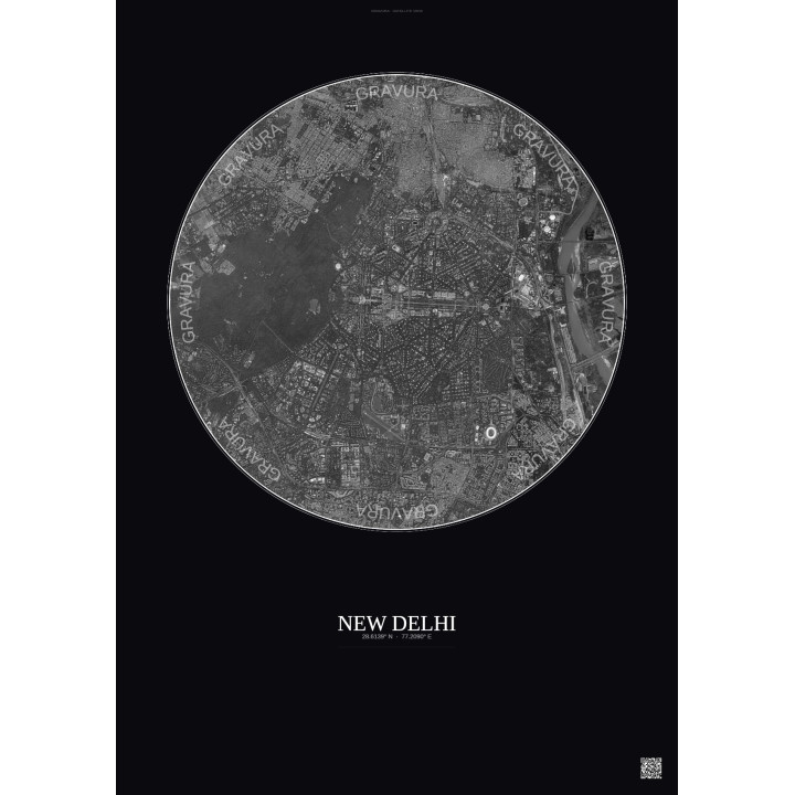New Delhi Satellite View Poster 6km B&W | Gravura – Dark background