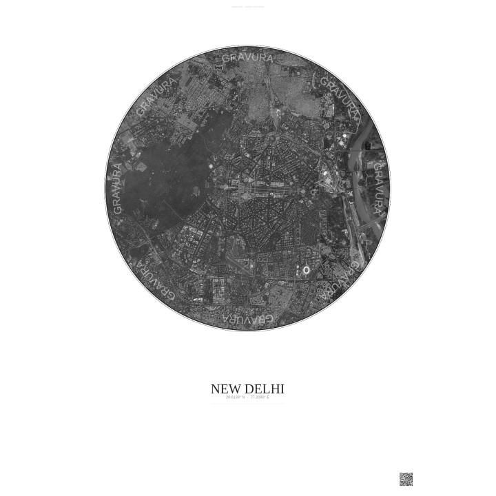 Affiche New Delhi – Poster vue satellite 6km N&B | Gravura – Fond clair