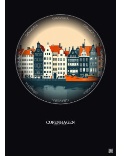 Affiche Copenhagen – Poster illustration vintage – Famous Viewpoint Of Copenhagen | Gravura – Fond foncé