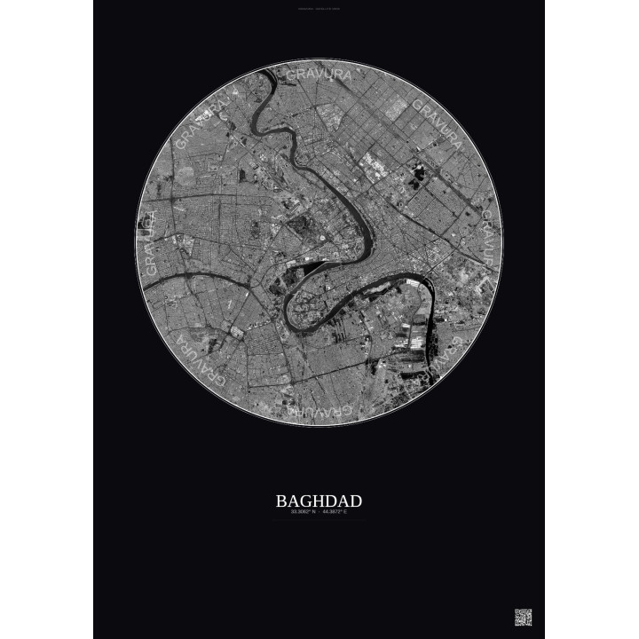 Affiche Baghdad – Poster vue satellite 10km N&B | Gravura – Fond foncé