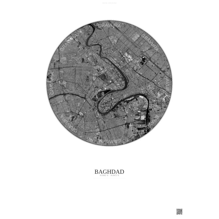 Affiche Baghdad – Poster vue satellite 10km N&B | Gravura – Fond clair