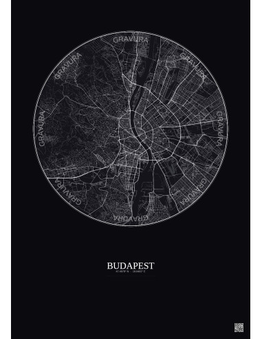 Affiche Budapest – Poster carte de ville 10km | Gravura – Fond foncé