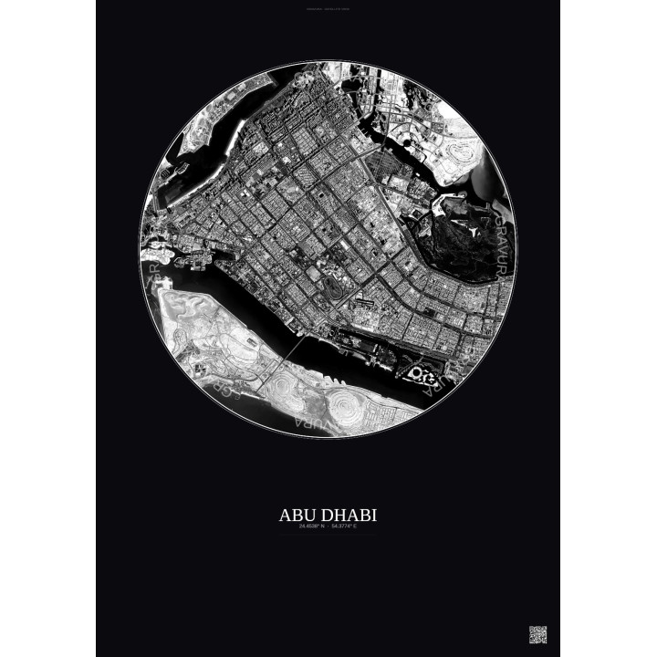 Affiche Abu Dhabi – Poster vue satellite 6km N&B | Gravura – Fond foncé