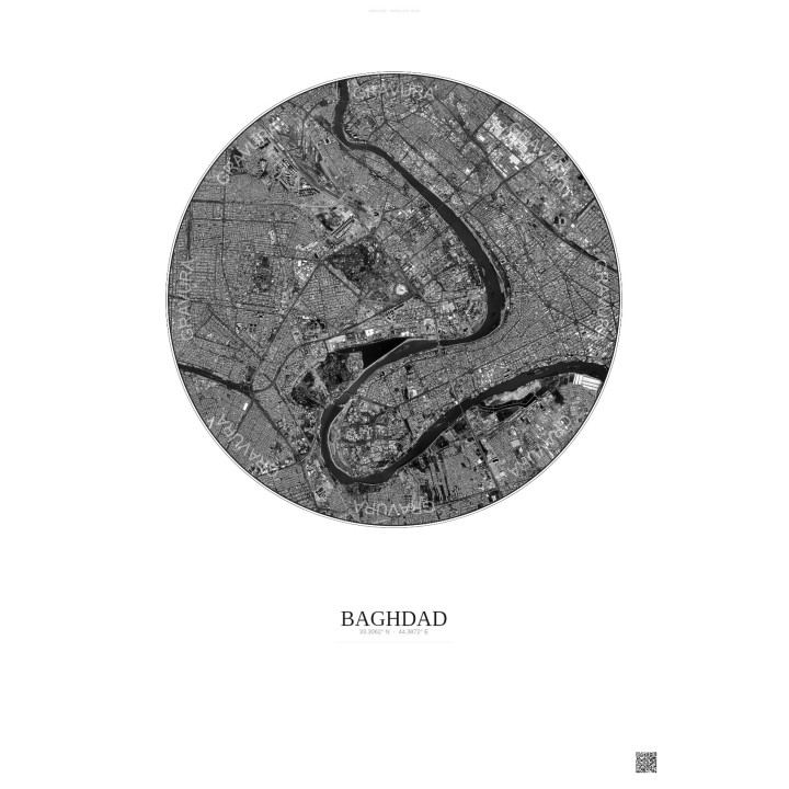 Affiche Baghdad – Poster vue satellite 6km N&B | Gravura – Fond clair